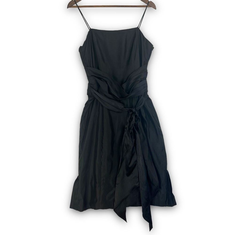 Vera Wang Maids Black Spaghetti Strap Ruffle Back Tie Waist Cocktail Dress Sz 14